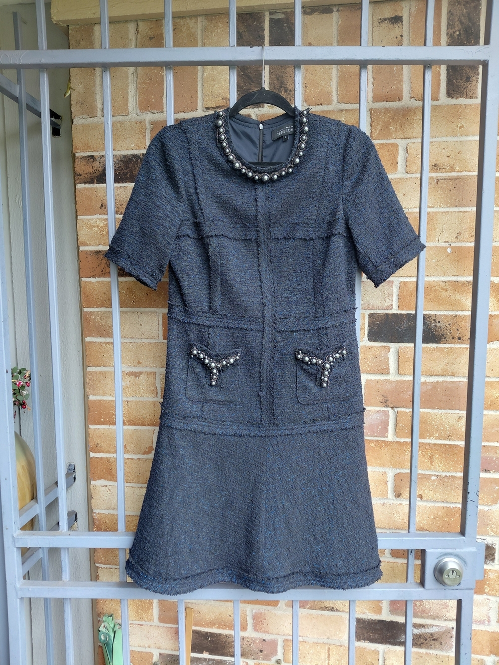 Teri Jon Blue.Tweed Short-Sleeve Dress with Pearl Embellishment